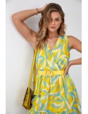 Light patterned dress with a belt, blue and yellow 03040 - Online store - Boutique